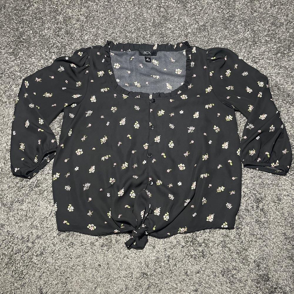 BCX Black Tie Front Top Pink Floral Accent 3/4 Sleeve‎